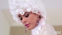 Petite babe Brigitte wears baroque costume while finger banging her wet pink